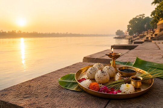 A traditional brass thali with rice balls flowers and a lit lamp sits on river ghat steps at sunrise during Pitru Paksha