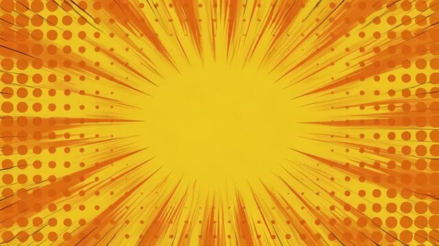 Abstract retro pattern yellow orange burst comic background with radiant dot texture and energetic graphic style, yellow center with orange burst and dot pattern for comic style background