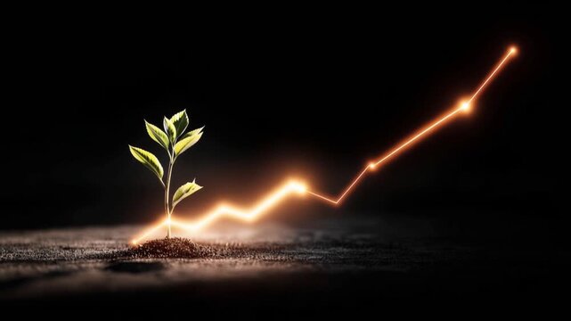 A small plant sprouts from the earth, symbolizing growth and potential, while a vibrant orange line graph curves upwards. ..Created with Generative AI, not depicting real subjects.