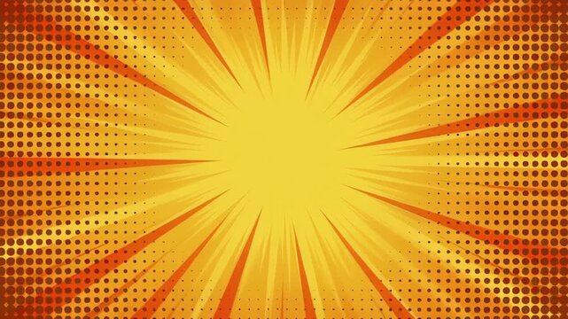 Abstract retro pattern burst sun background, warm yellow orange radial comic design with dotted texture and bright center glow, abstract comic burst yellow sunburst background with orange halftone