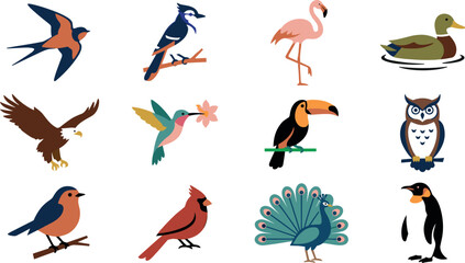 Naklejka premium Colorful Bird Vector Icon Set Featuring Diverse Species Like Eagle, Flamingo, Toucan, Owl, Hummingbird, and Peacock for Graphic Design Elements