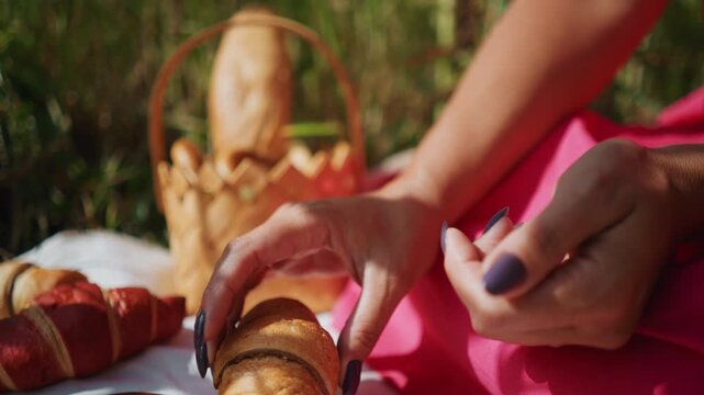 Woman with dark nail polish reaches for and holds croissant among various baked goods on white cloth outdoors. scene includes bagels red croissants soft lighting creating shadows from tree
