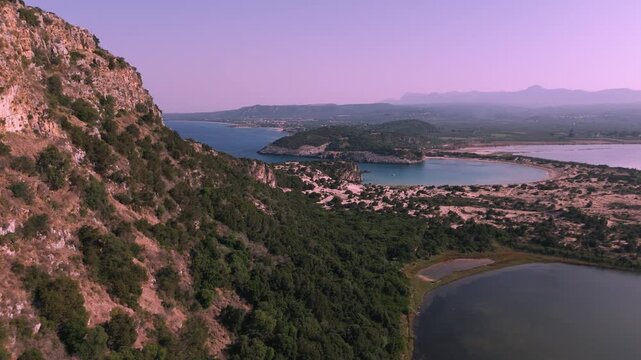 Aerial Panorama of Voidokilia Beach, Sand Dunes and Gialova Lagoon in Messinia, Peloponnese, Greece
