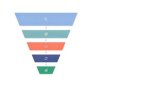 A flat 2d funnel chart with five colored sections and representing different stages of a business process on a white background.