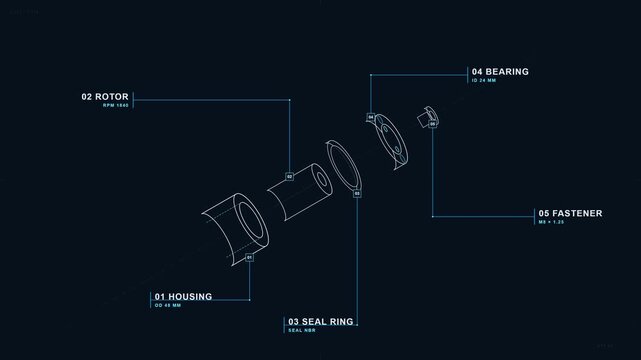 Exploded Mechanical Assembly HUD: 4K Technical Blueprint & Schematic Callout Animation
