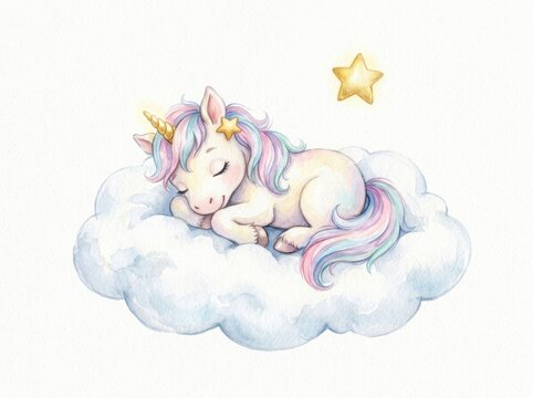 A sleeping unicorn with a pastel mane rests peacefully on a fluffy white cloud beneath a golden star.