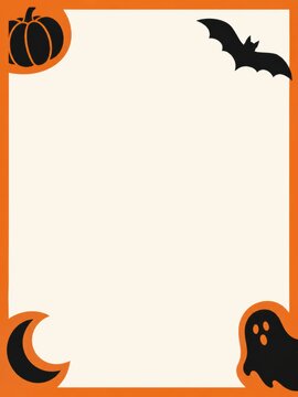 Minimal Orange Halloween Border with Pumpkin Bat Moon Ghost Copy Space
