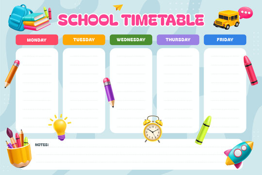 School Timetable Weekly Planner Template with School Supplies