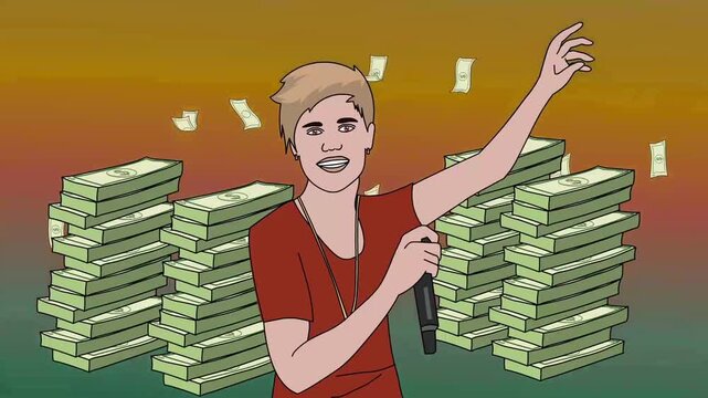 2D animation of a happy young man holding microphone surrounded by stacks of paper cash money wealth success concept