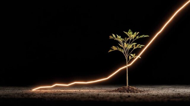A young sapling sprouts from the earth, its growth trajectory illuminated by a luminous line. ..Created with Generative AI, not depicting real subjects.