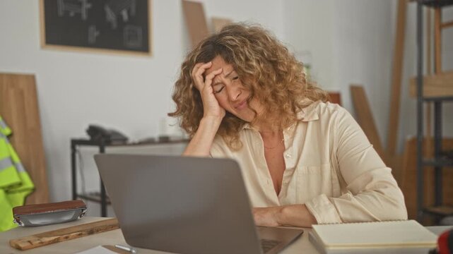 Woman carpenter rubbing temple while working on laptop and notepad amid wood boards and high vis jacket in studio; stress concentration.