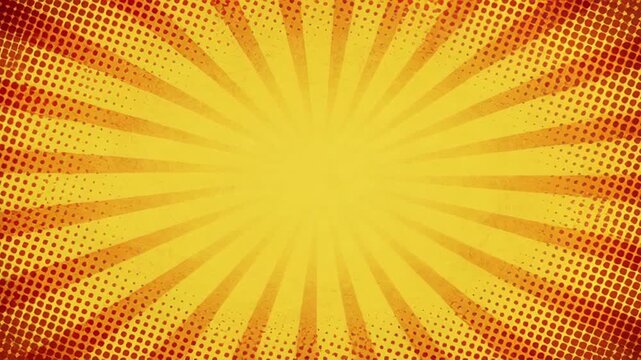 Abstract retro pattern yellow orange sunburst with halftone rays, comic background, dot texture, radiant center, bright burst, warm vintage style design for SEO friendly searchable poster use
