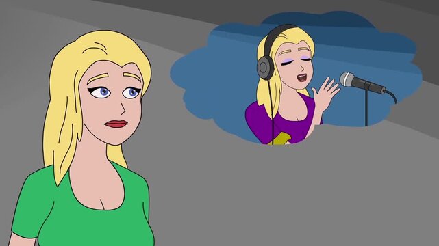 2D animation of a blonde woman standing with thought bubble showing her singing in a studio microphone music dream