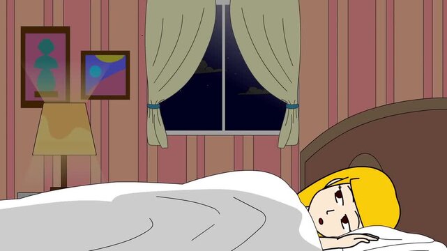 2D animation of a blonde woman sleeping peacefully in bed in a dark bedroom night routine rest concept