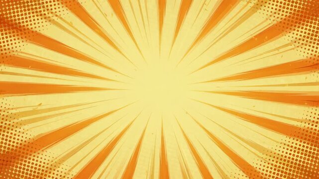 Abstract retro pattern orange sunburst background with bright radial light and halftone comic texture, radiant comic style bright yellow center halftone dot border dynamic radial line art vintage