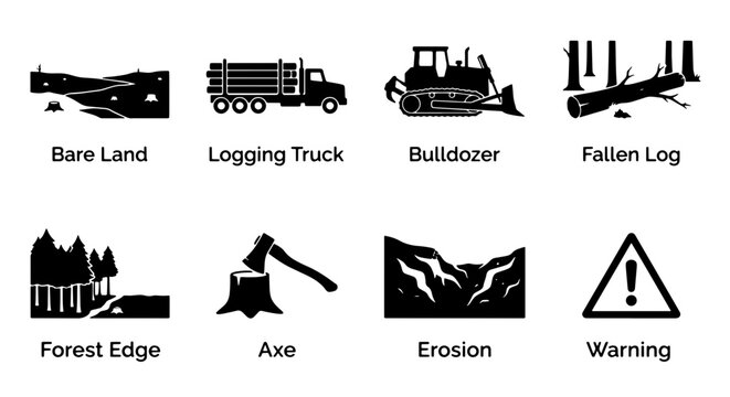 Forestry and Logging Icons: Truck, Bulldozer, Axe, Fallen Log, Erosion, Warning Signs, Vector Set