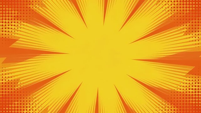 Abstract retro pattern yellow orange comic burst background with dynamic star shape, radial burst, halftone dots, bright central explosion, textured energetic bold design for SEO search use