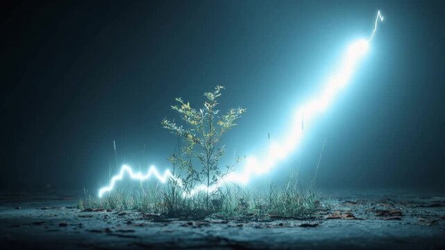 A young sapling stands resilient amidst the darkness, its growth dramatically amplified by a powerful bolt of lightning. ..Created with Generative AI, not depicting real subjects.