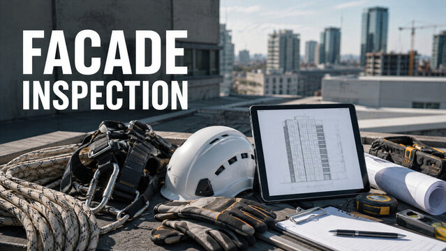 Workers are inspecting the facade of a tall building from its rooftop. They use tools, sketches, and safety gear. The city skyline is visible in the background
