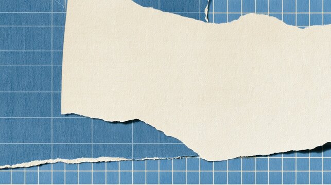 Torn paper collage on blue grid background with cream textured layer for design card poster and scrapbook layout