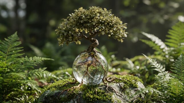 Artistic bonsai tree in glass globe on moss-covered forest base with fern plants