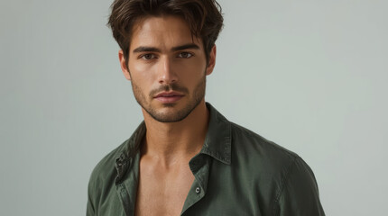 Fototapeta premium Athletic man portrait with sculpted jawline and calm expression in studio lighting