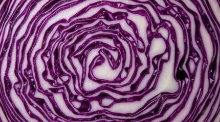 Obraz premium Sliced red cabbage with intricate spiral pattern and vivid purple texture