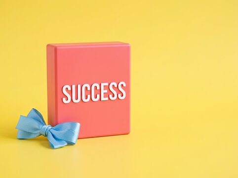 Pink box with SUCCESS text and blue bow on yellow background ideal for business marketing symbolizing gift of achievement and career growth