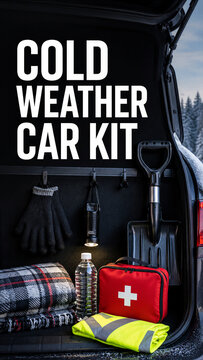 A car kit is shown in the back of a vehicle. The kit includes gloves, a shovel, a first aid bag, a blanket, and a water bottle. The setting is snowy with trees in the background