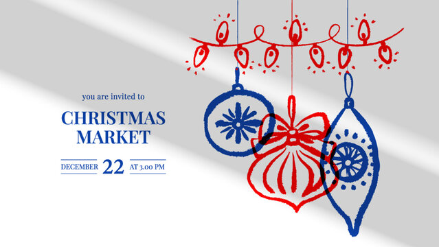 Christmas banner with hand drawn holiday ornaments. Festive mood, crayon doodle design. New year frame background. Vector sketch isolated illustration.