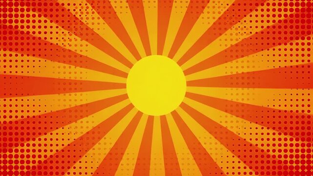 Abstract retro pattern background with orange and yellow sunburst, dotted radial texture, bright central circle, and comic dot vector design for summer poster
