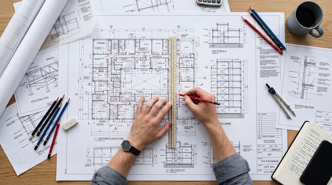 Faceless Architect Hands Drawing Blueprints on Office Desk