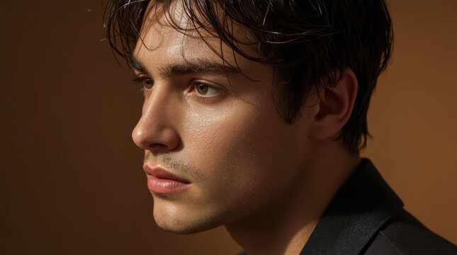 Handsome man portrait damp hair warm light showing pensive expression