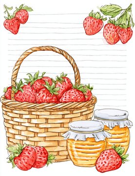 A watercolor illustration featuring a Writing paper with a picnic basket and strawberries, honey jars. 