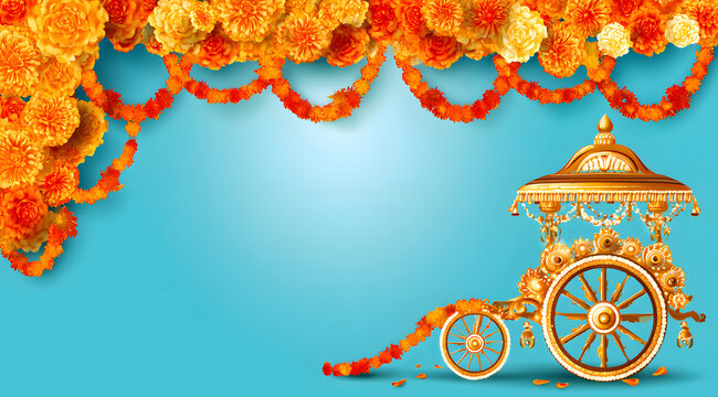 For the festival backdrop, traditional chariots and marigold flower garlands are adorned, creating a festive atmosphere.