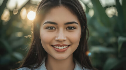 Obraz premium Young Asian woman smiling in close up outdoor portrait with natural backlight