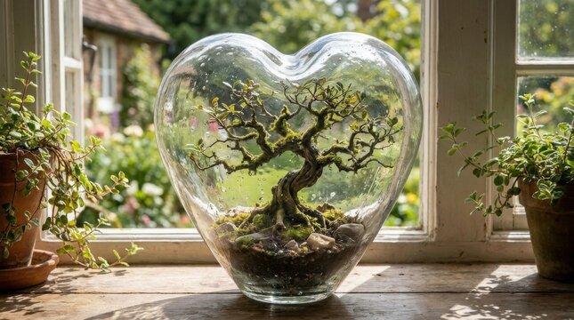 Heart-Shaped Glass Terrarium with Twisted Bonsai Tree Inside on Windowsill