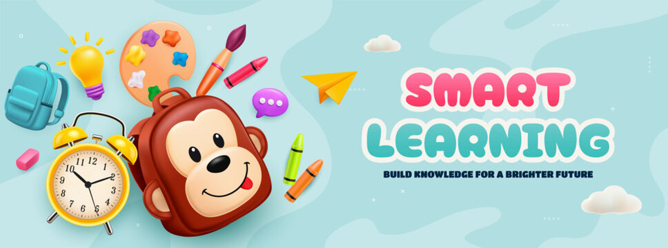 Smart Learning Education Banner with Colorful School Objects