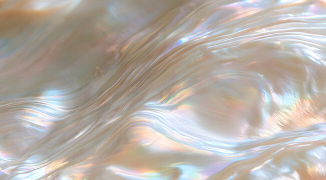 A pearl-like surface with iridescence and pastel waves, akin to mother of pearl