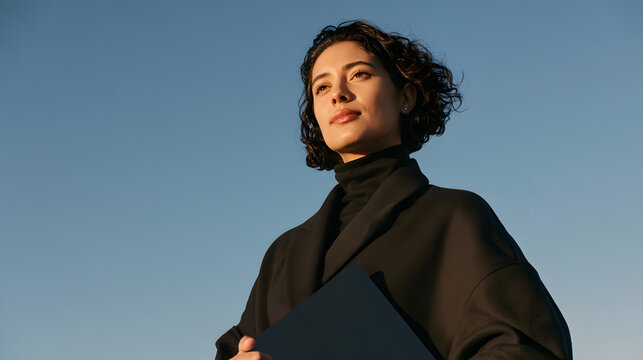 A young lady dressed in a dark coat stands outdoors beneath a bright azure sky, holding a laptop and gazes towards the horizon with a serene expression