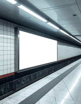 Blank white billboard advertisement display inside a modern subway station tunnel.