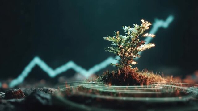 A solitary sapling grows on a small island, with a vibrant upward trending graph in the background, symbolizing growth and progress in a dark. Created with Generative AI, not depicting real subjects.