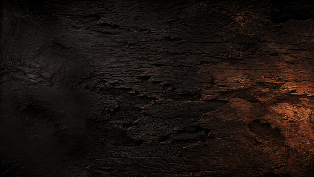 A dark wood surface with visible lines and patterns. The light reflects off some areas, creating depth and warmth. The setting highlights the organic design