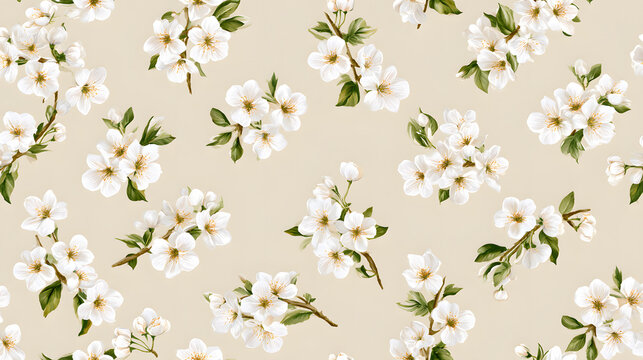 A graceful white cherry blossom floral design on a soft beige background, perfect for spring textiles and wallpaper elements.