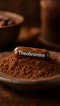 A brown capsule labeled theobromine sits on a mound of cocoa powder inside a wooden bowl. The background includes other cocoa products and a warm setting