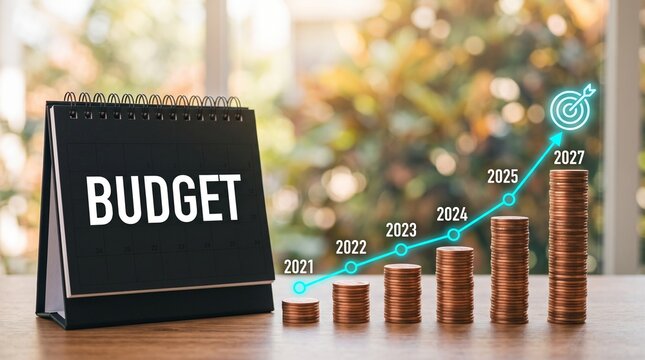 A desk calendar displaying 'BUDGET' next to a rising bar chart of coins and a line graph showing financial growth towards a target.