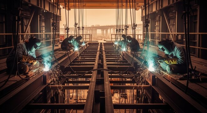 Industrial Welders Crafting Structural Steel Beams With Intense Sparks