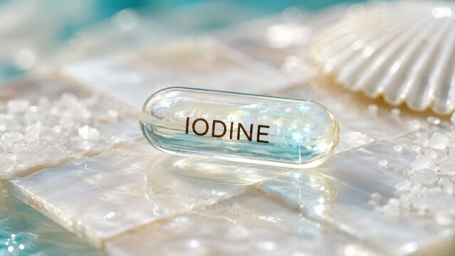 A clear capsule labeled iodine sits on a background of a sea shell and salt crystals. Light reflects off the capsule, creating a bright scene. The setting suggests a natural theme