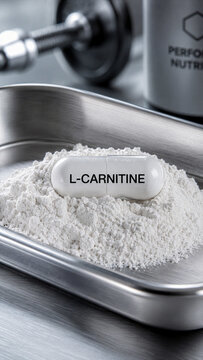 L-carnitine tablet rests on white powder inside a metal tray found in a gym area. The setting shows workout equipment in the background