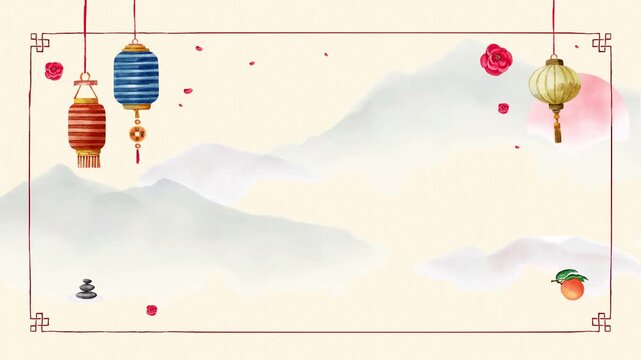 Asian watercolor mountains on a cream background with pendulum lanterns, popping flowers, and central copy space.